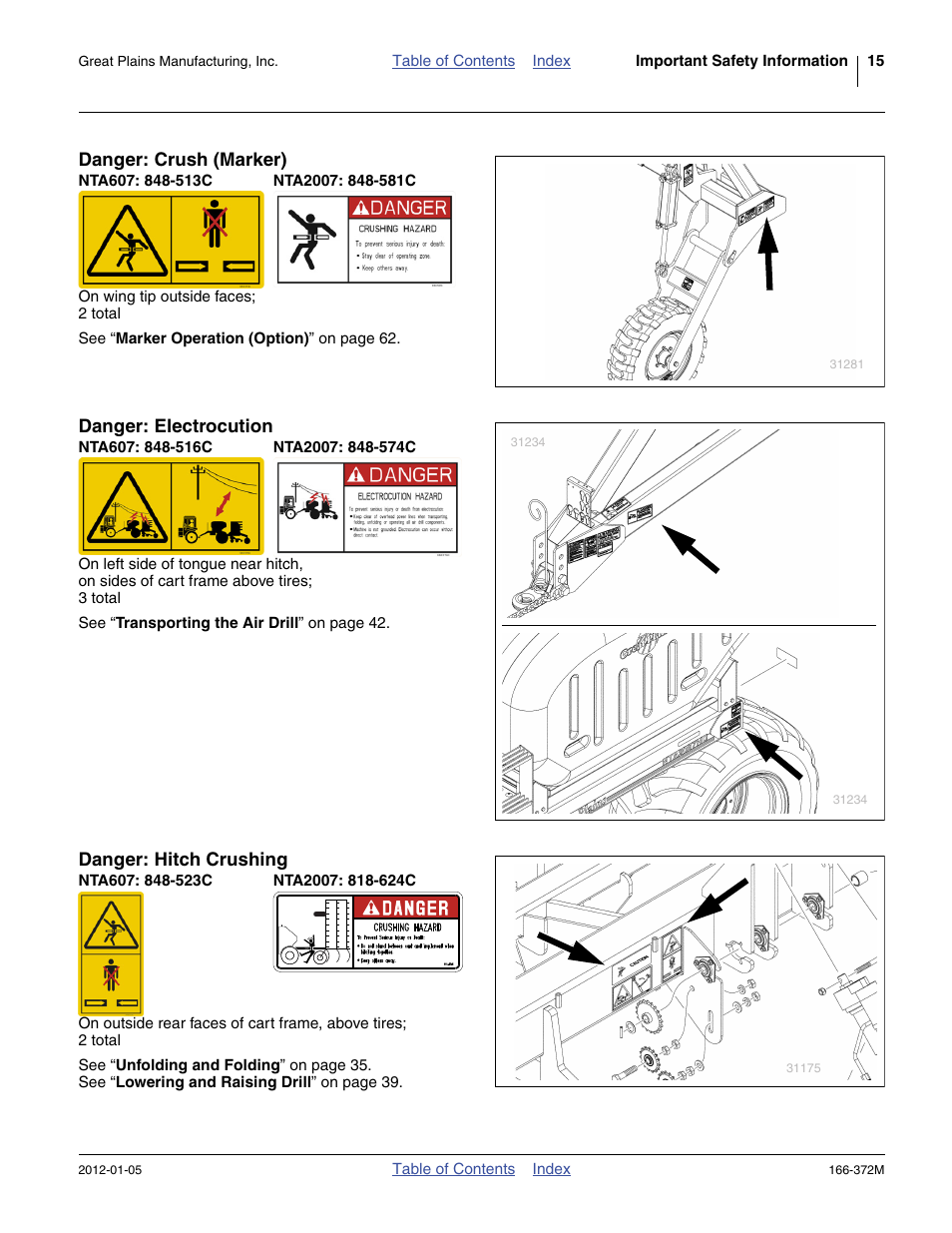 Danger: crush (marker), Nta607: 848-513c, Nta2007: 848-581c | Danger: electrocution, Nta607: 848-516c, Nta2007: 848-574c, Danger: hitch crushing, Nta607: 848-523c, Nta2007: 818-624c | Great Plains NTA2007 Operator Manual User Manual | Page 19 / 180