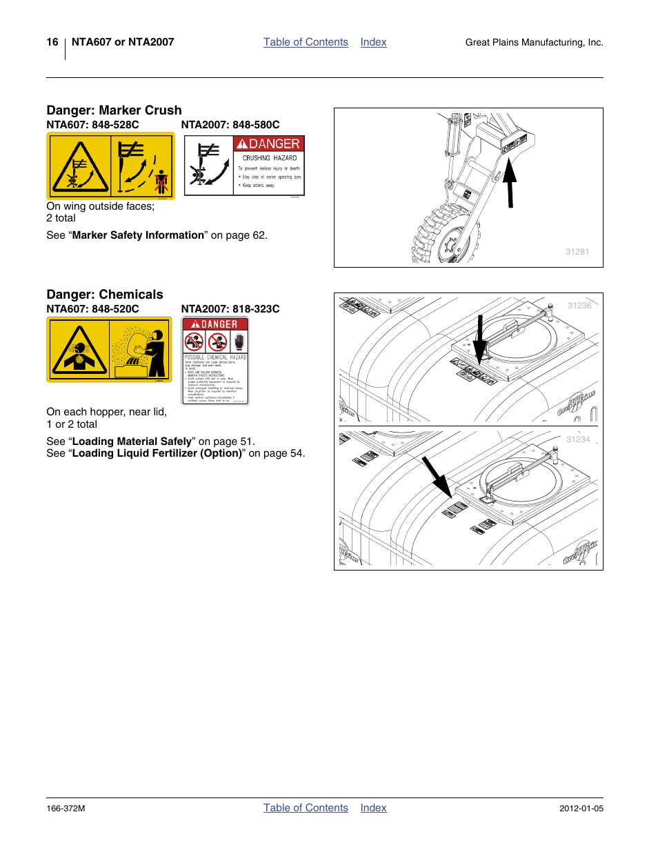 Danger: marker crush, Nta607: 848-528c, Nta2007: 848-580c | Danger: chemicals, Nta607: 848-520c, Nta2007: 818-323c | Great Plains NTA2007 Operator Manual User Manual | Page 20 / 180