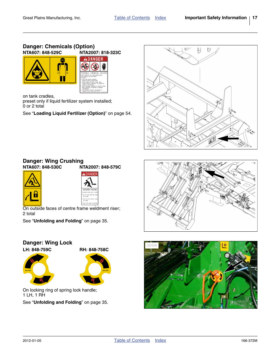 Danger: chemicals (option), Nta607: 848-529c, Nta2007: 818-323c | Danger: wing crushing, Nta607: 848-530c, Nta2007: 848-579c, Danger: wing lock, Lh: 848-759c, Rh: 848-758c | Great Plains NTA2007 Operator Manual User Manual | Page 21 / 180