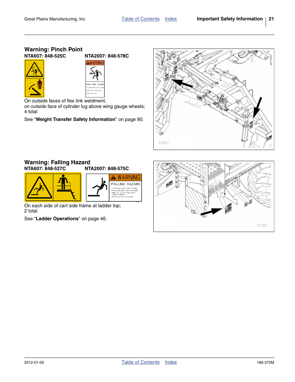 Warning: pinch point, Nta607: 848-525c, Nta2007: 848-578c | Warning: falling hazard, Nta607: 848-527c, Nta2007: 848-575c | Great Plains NTA2007 Operator Manual User Manual | Page 25 / 180