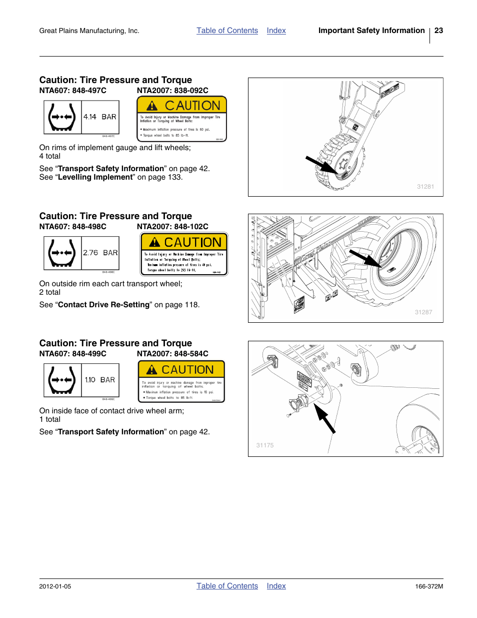 Caution: tire pressure and torque, Nta607: 848-497c, Nta2007: 838-092c | Nta607: 848-498c, Nta2007: 848-102c, Nta607: 848-499c, Nta2007: 848-584c | Great Plains NTA2007 Operator Manual User Manual | Page 27 / 180