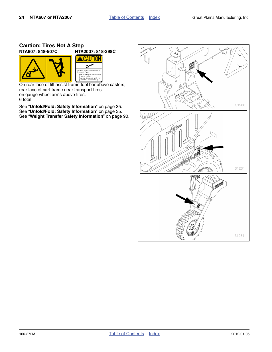 Caution: tires not a step, Nta607: 848-507c, Nta2007: 818-398c | Great Plains NTA2007 Operator Manual User Manual | Page 28 / 180