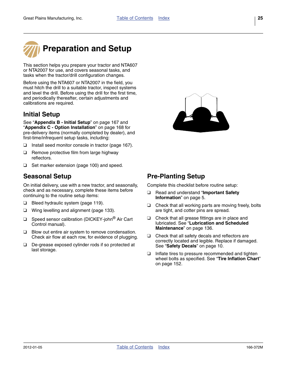Preparation and setup, Initial setup, Seasonal setup | Pre-planting setup | Great Plains NTA2007 Operator Manual User Manual | Page 29 / 180