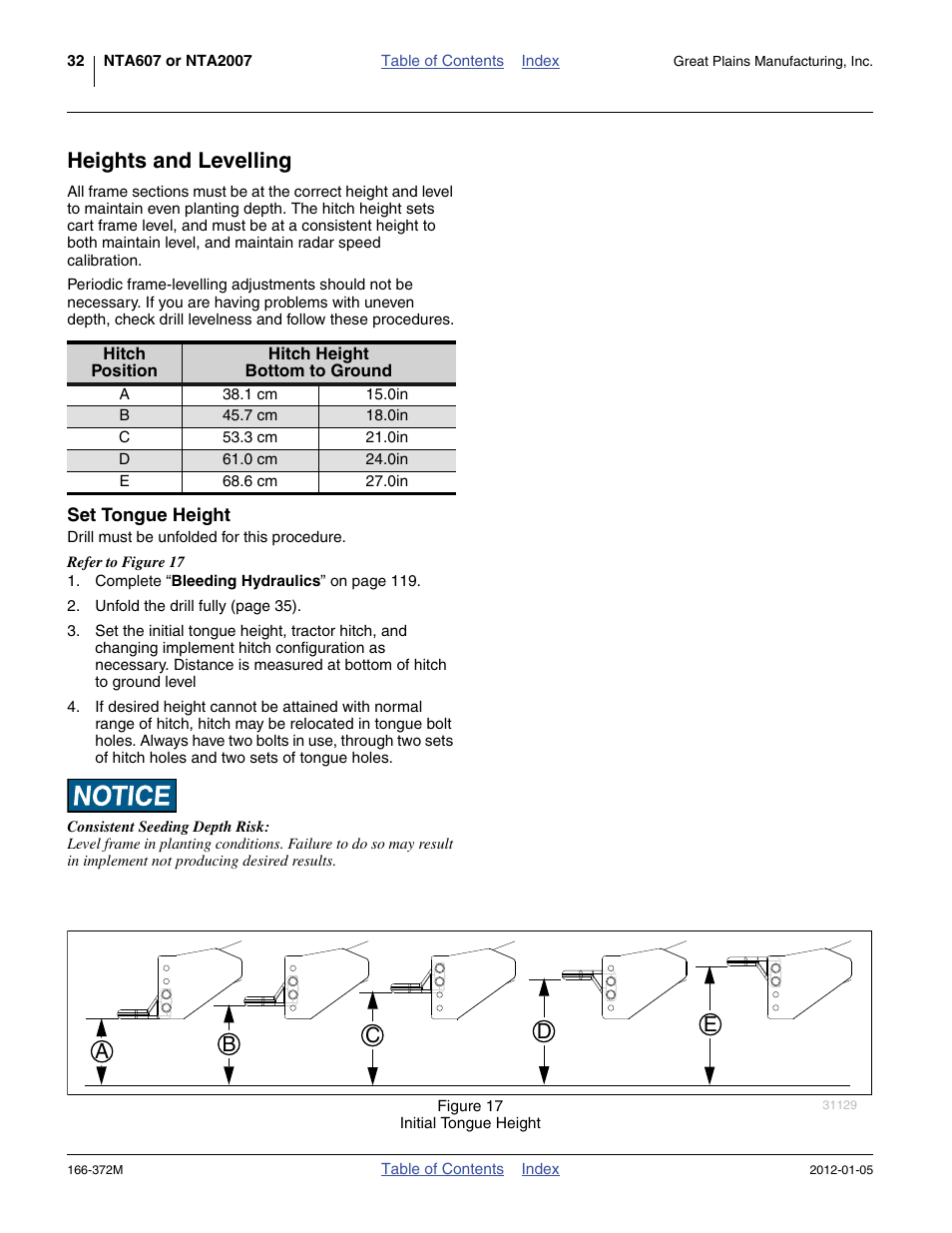 Heights and levelling, Set tongue height, Ab c e d | Great Plains NTA2007 Operator Manual User Manual | Page 36 / 180