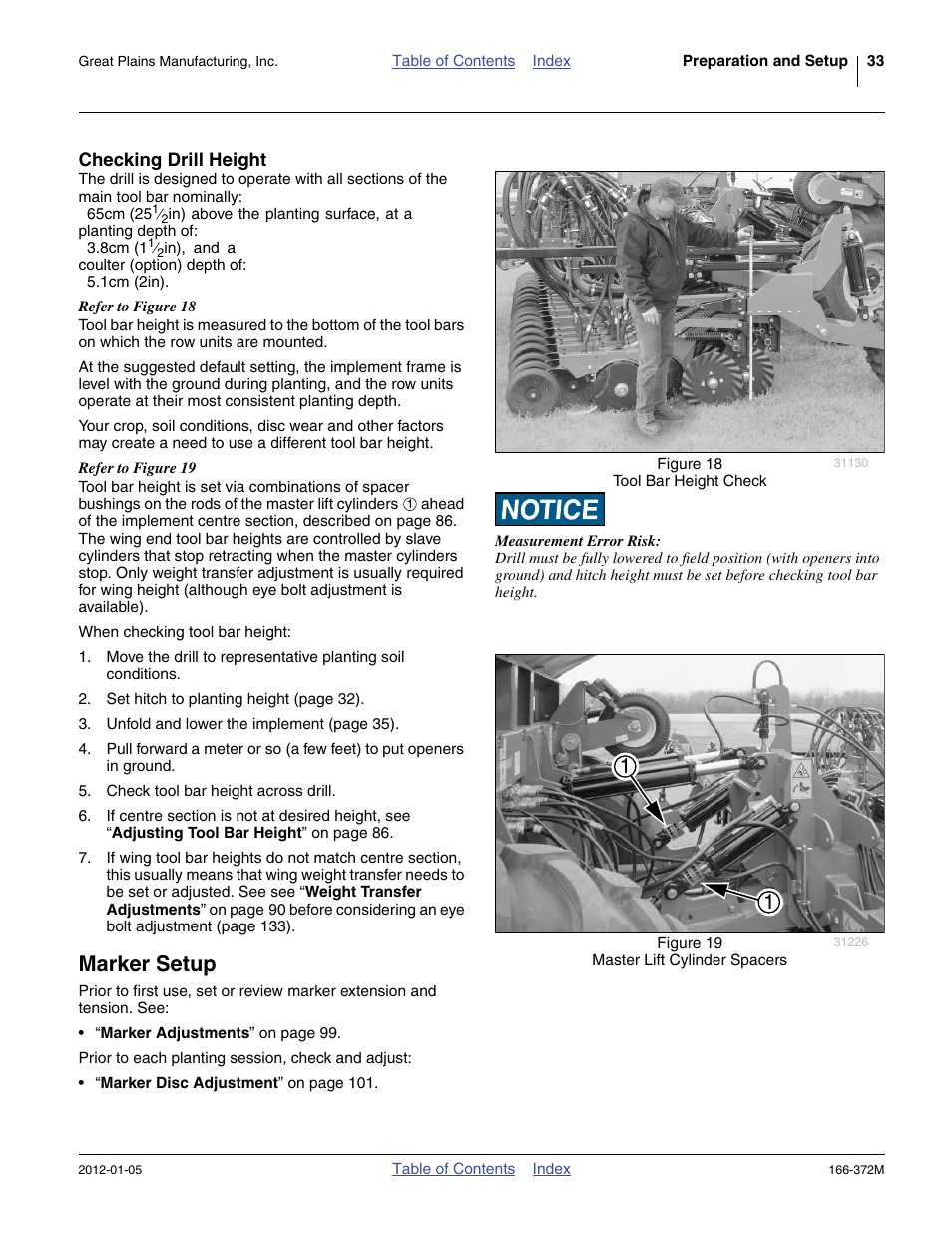 Checking drill height, Marker setup | Great Plains NTA2007 Operator Manual User Manual | Page 37 / 180