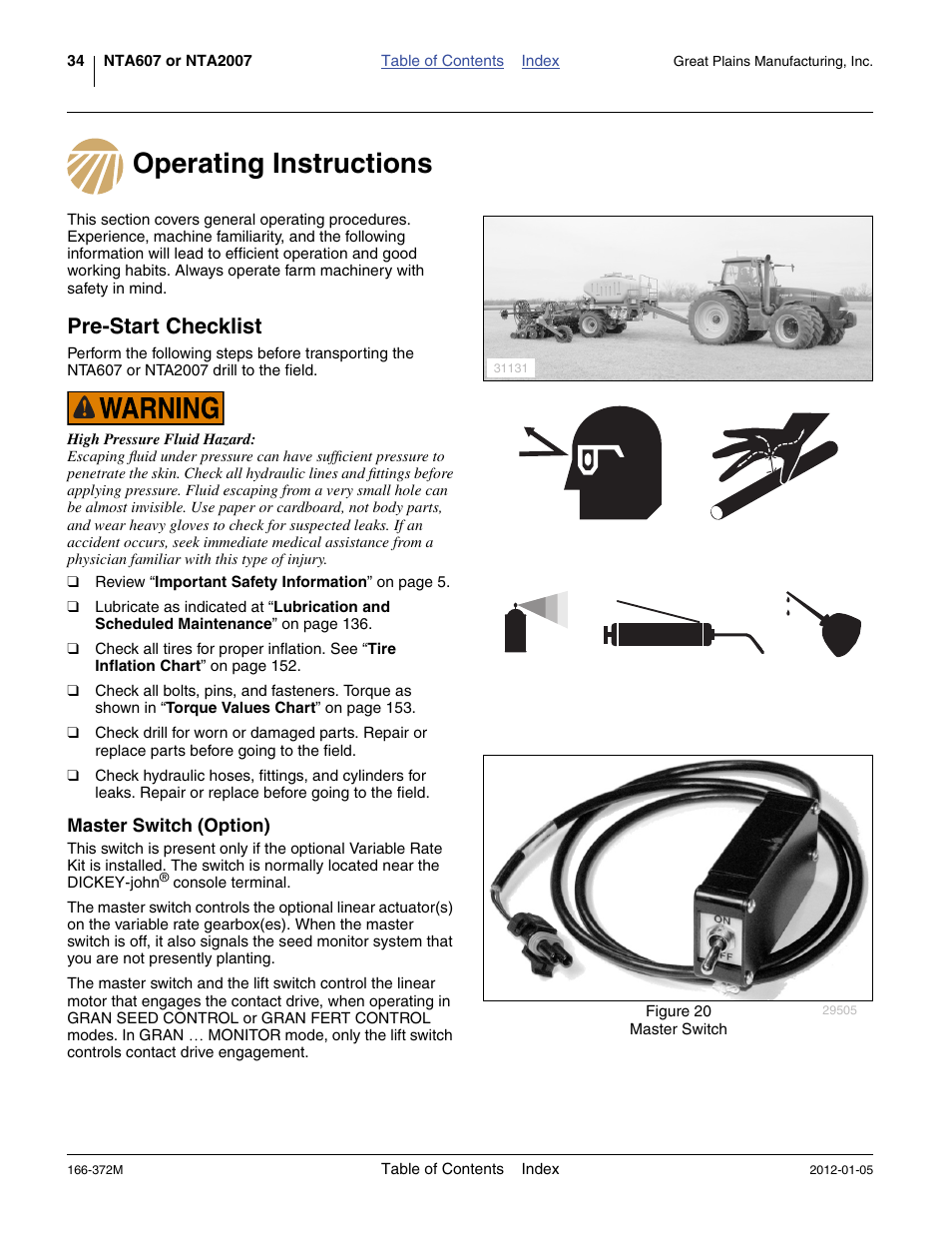 Operating instructions, Pre-start checklist, Master switch (option) | Operating instructions pre-start checklist | Great Plains NTA2007 Operator Manual User Manual | Page 38 / 180