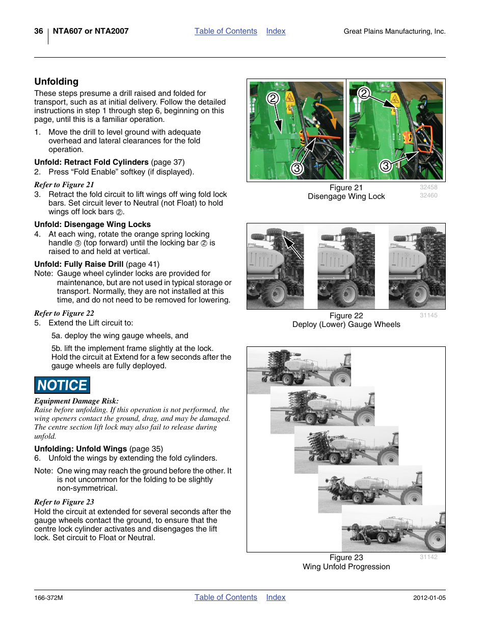 Unfolding, Unfold: disengage wing locks | Great Plains NTA2007 Operator Manual User Manual | Page 40 / 180