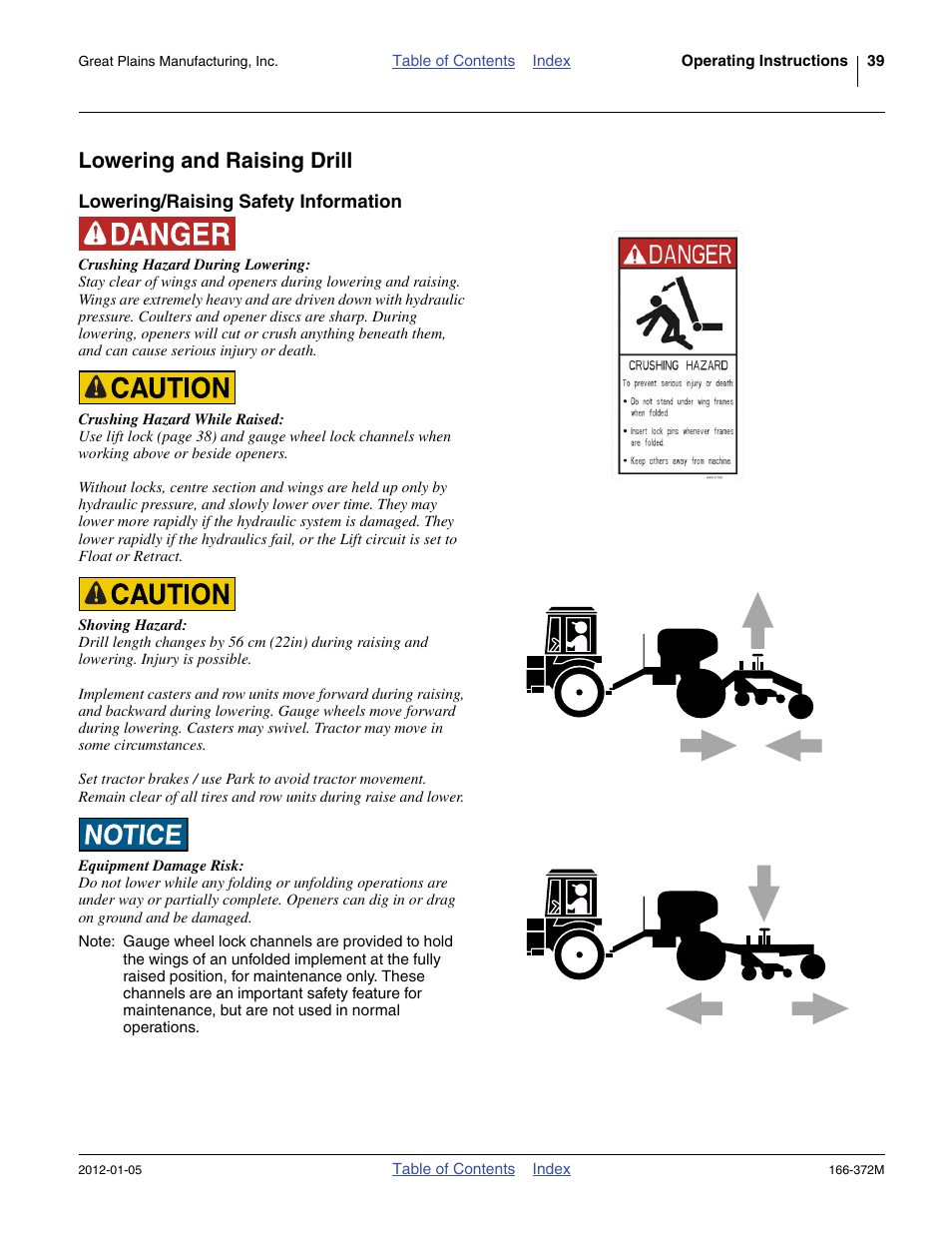 Lowering and raising drill, Lowering/raising safety information | Great Plains NTA2007 Operator Manual User Manual | Page 43 / 180