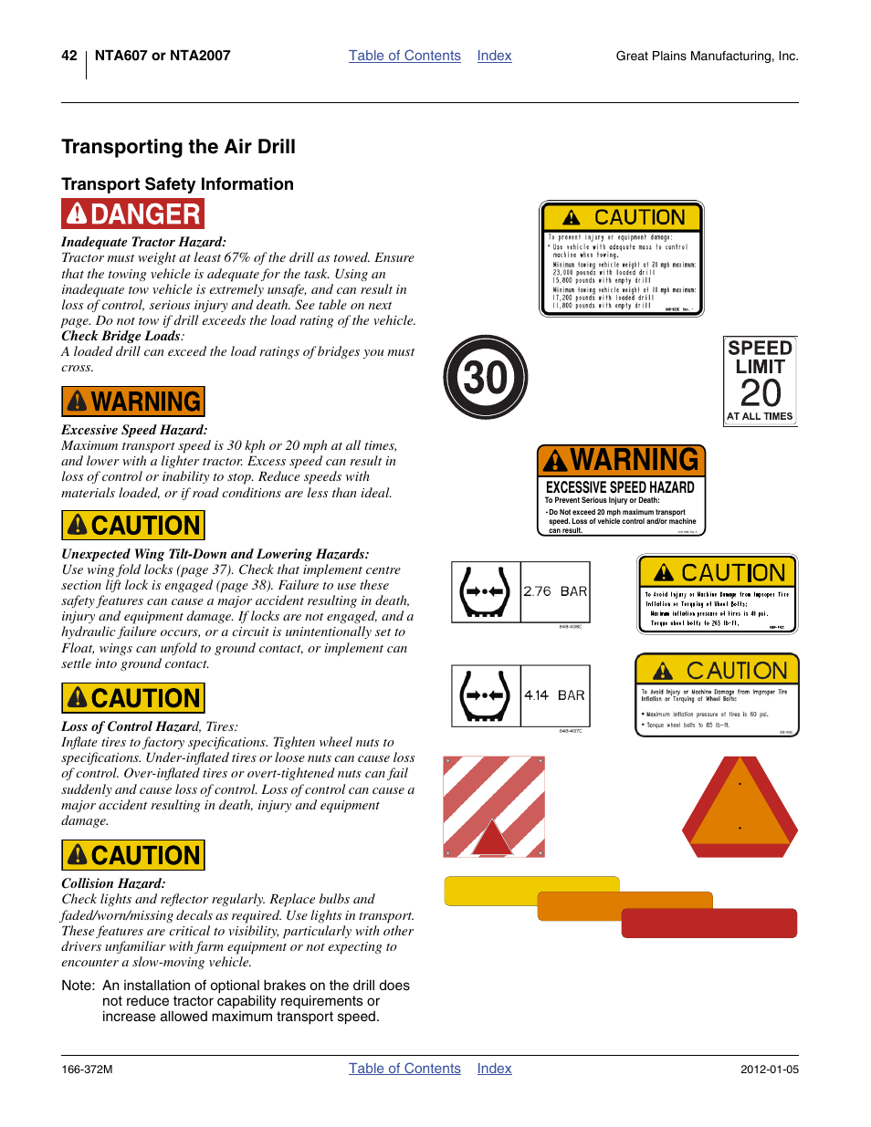 Transporting the air drill, Transport safety information, Warning | Great Plains NTA2007 Operator Manual User Manual | Page 46 / 180