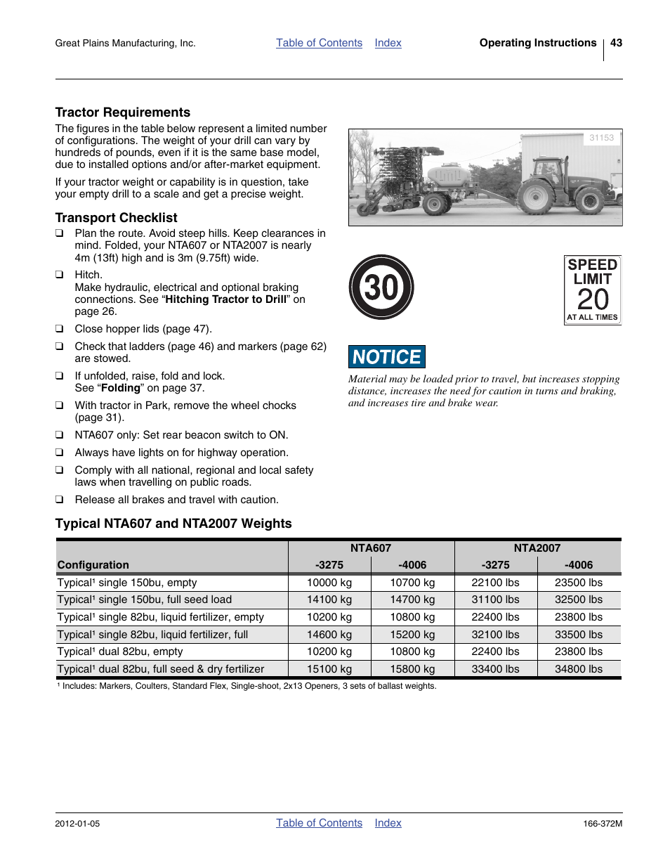 Tractor requirements, Transport checklist, Typical nta607 and nta2007 weights | Tractor requirements transport checklist | Great Plains NTA2007 Operator Manual User Manual | Page 47 / 180