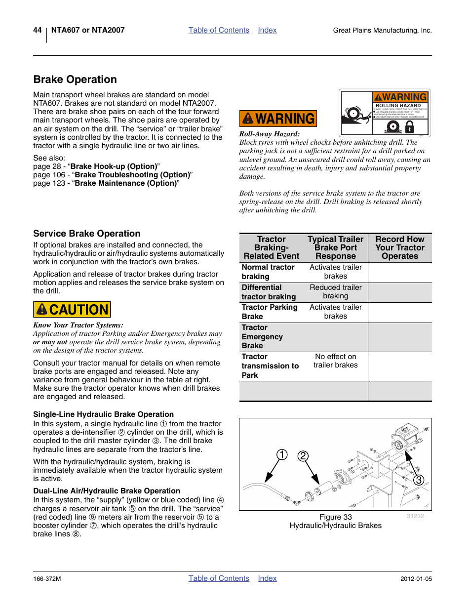 Brake operation, Service brake operation, Single-line hydraulic brake operation | Dual-line air/hydraulic brake operation, Warning | Great Plains NTA2007 Operator Manual User Manual | Page 48 / 180