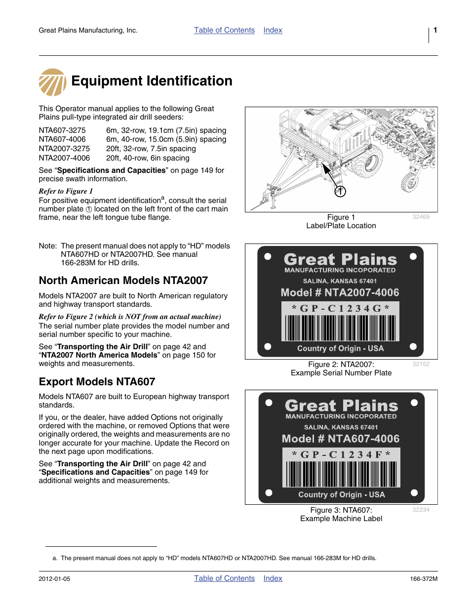 Equipment identification, North american models nta2007, Export models nta607 | Great Plains NTA2007 Operator Manual User Manual | Page 5 / 180