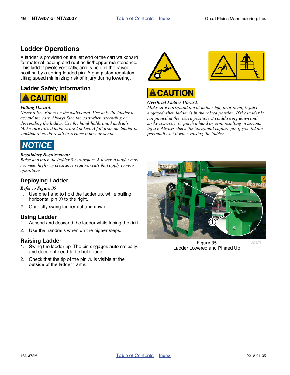 Ladder operations, Ladder safety information, Deploying ladder | Using ladder, Raising ladder | Great Plains NTA2007 Operator Manual User Manual | Page 50 / 180