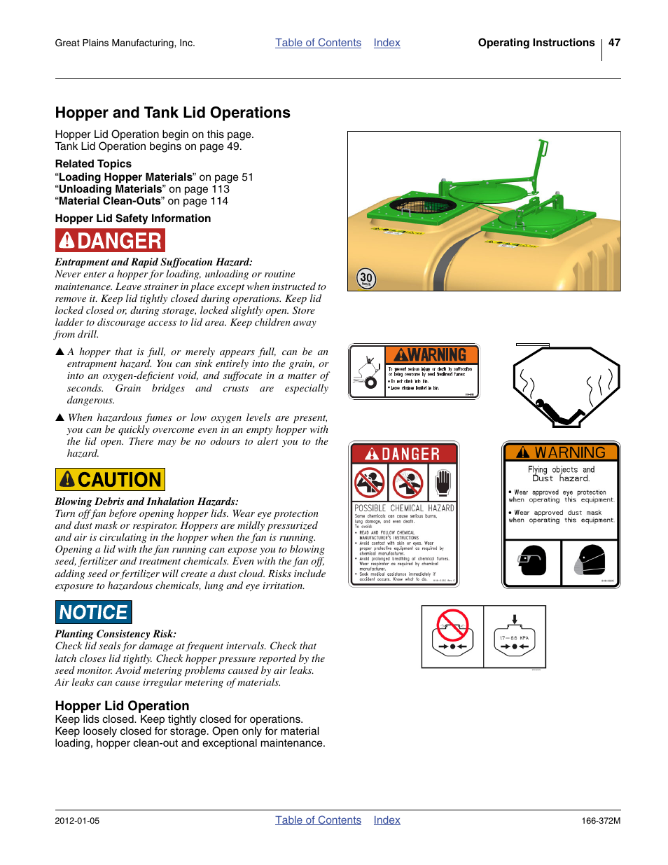 Hopper and tank lid operations, Related topics, Hopper lid safety information | Hopper lid operation | Great Plains NTA2007 Operator Manual User Manual | Page 51 / 180
