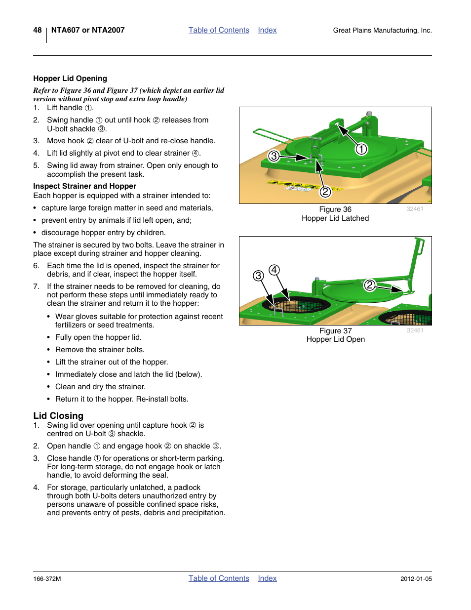 Hopper lid opening, Inspect strainer and hopper, Lid closing | Great Plains NTA2007 Operator Manual User Manual | Page 52 / 180