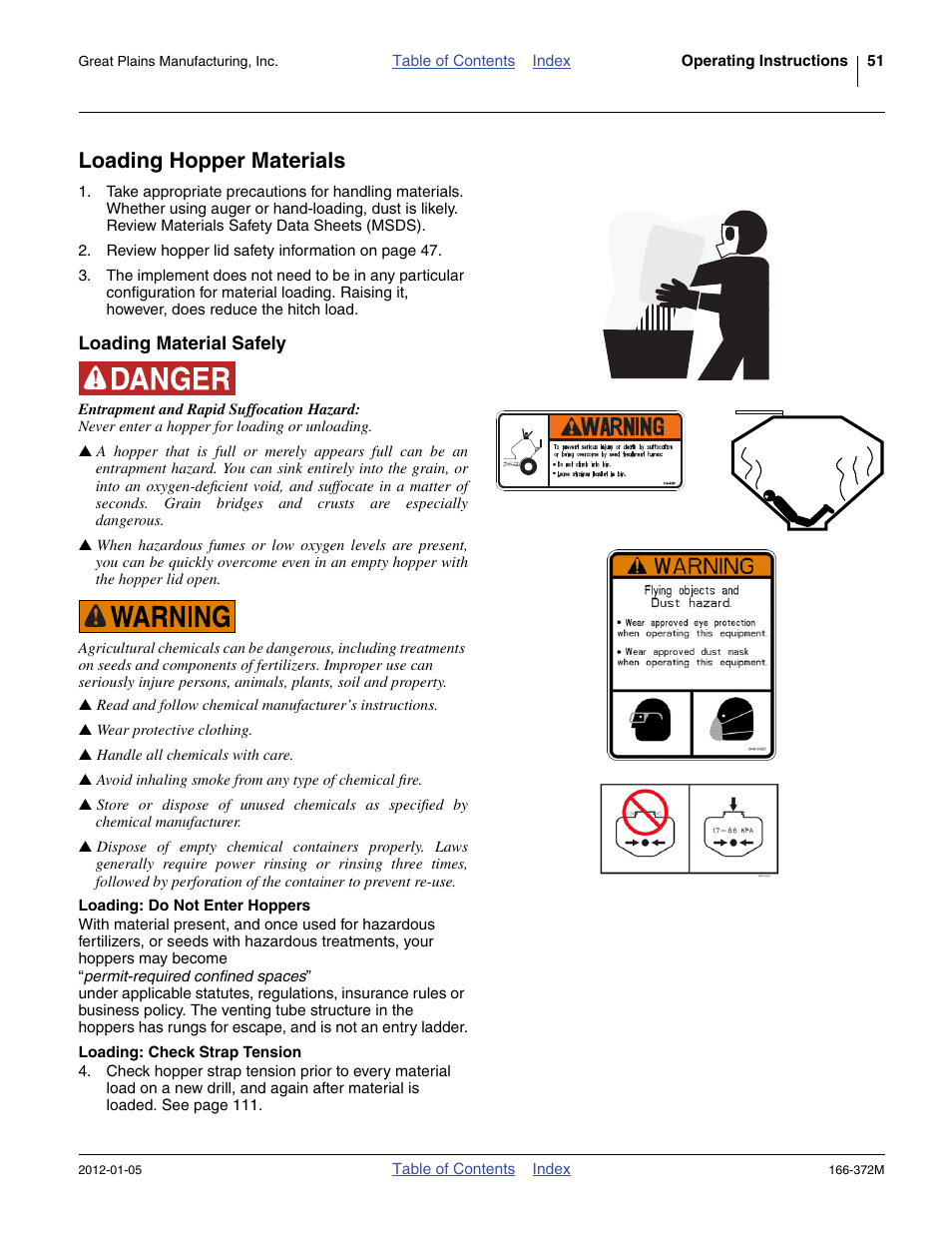 Loading hopper materials, Loading material safely, Loading: do not enter hoppers | Loading: check strap tension | Great Plains NTA2007 Operator Manual User Manual | Page 55 / 180