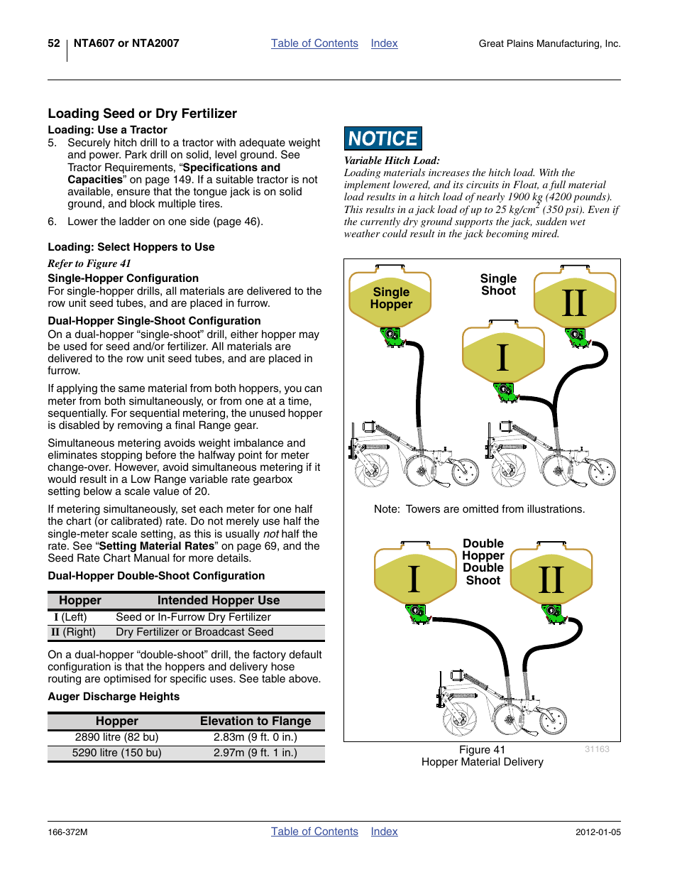 Loading seed or dry fertilizer, Loading: use a tractor, Loading: select hoppers to use | Single-hopper configuration, Dual-hopper single-shoot configuration, Dual-hopper double-shoot configuration, Auger discharge heights, Iii ii i | Great Plains NTA2007 Operator Manual User Manual | Page 56 / 180