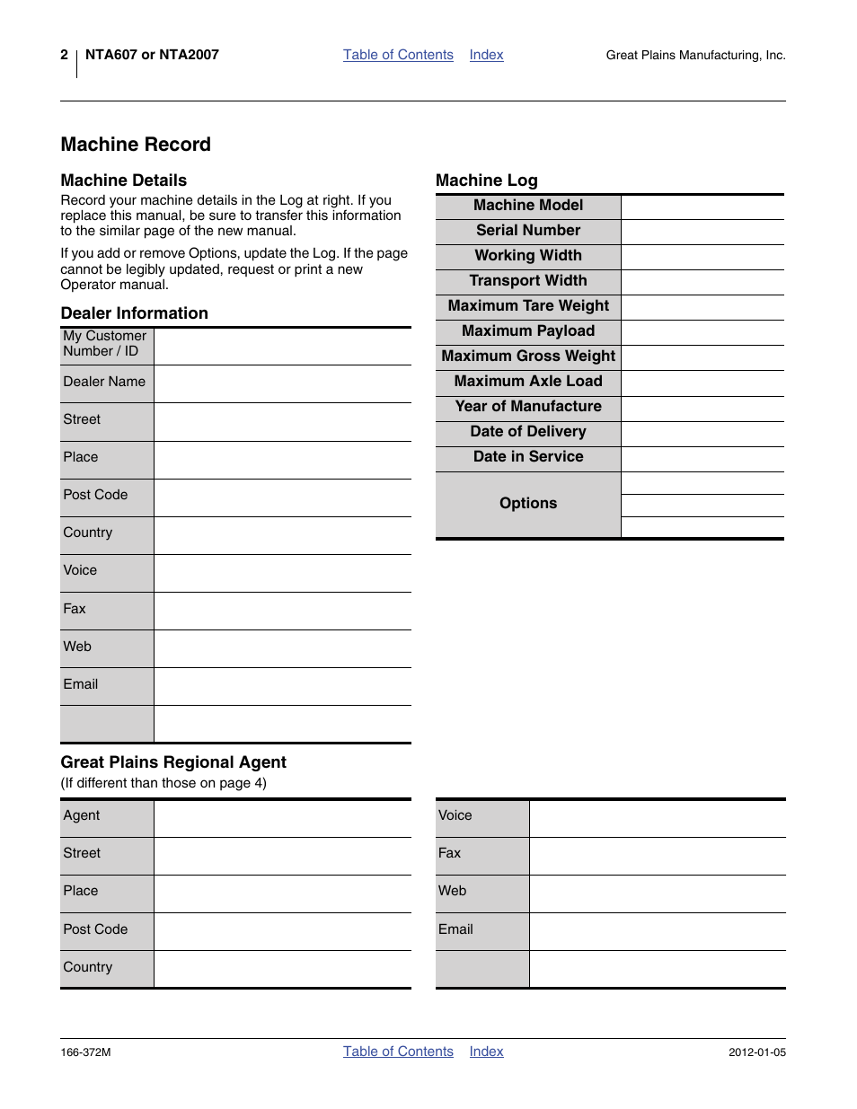 Machine record, Machine log, Machine details | Dealer information, Great plains regional agent | Great Plains NTA2007 Operator Manual User Manual | Page 6 / 180