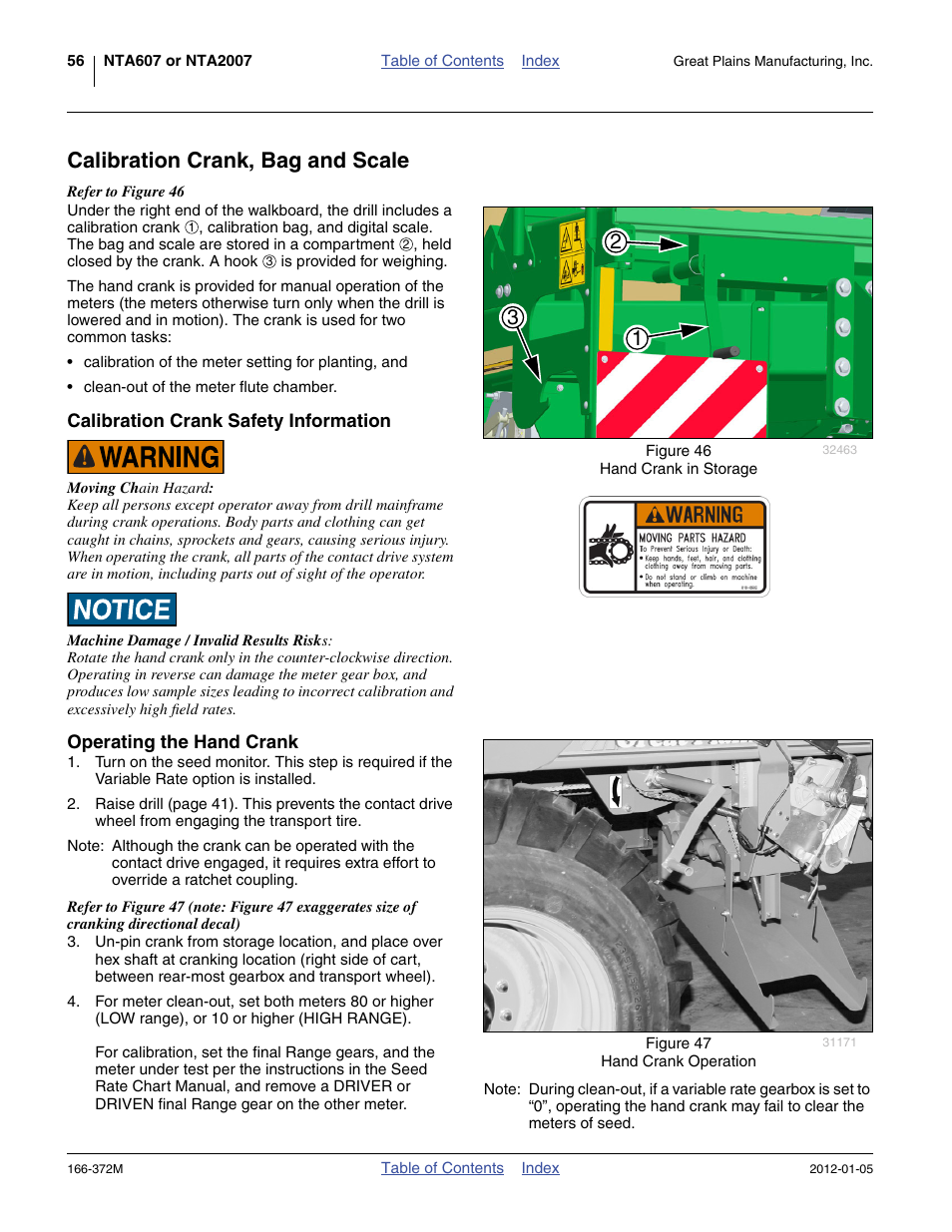Calibration crank, bag and scale, Calibration crank safety information, Operating the hand crank | Great Plains NTA2007 Operator Manual User Manual | Page 60 / 180
