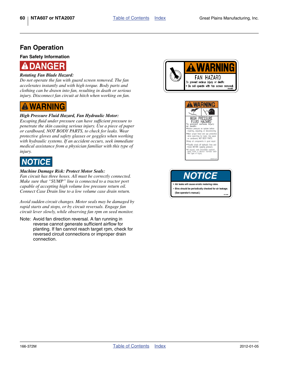 Fan operation, Fan safety information, Notice | Great Plains NTA2007 Operator Manual User Manual | Page 64 / 180
