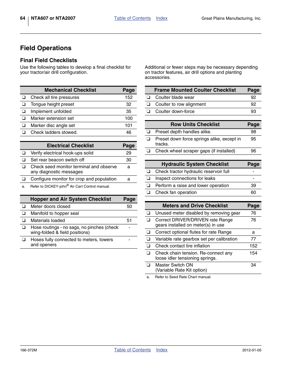 Field operations, Final field checklists | Great Plains NTA2007 Operator Manual User Manual | Page 68 / 180