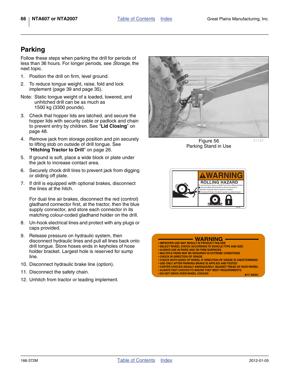Parking, Warning | Great Plains NTA2007 Operator Manual User Manual | Page 70 / 180