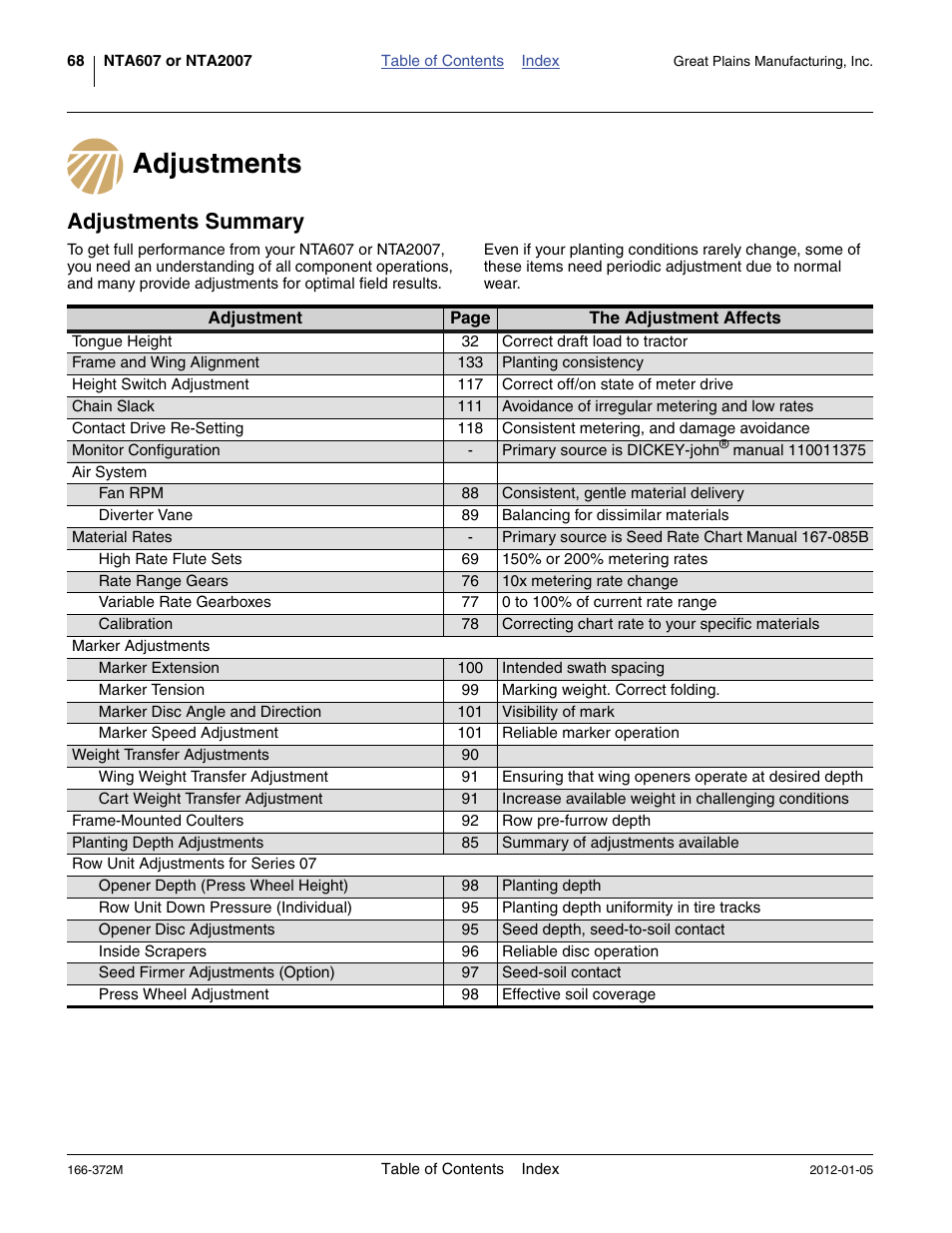 Adjustments, Adjustments summary | Great Plains NTA2007 Operator Manual User Manual | Page 72 / 180