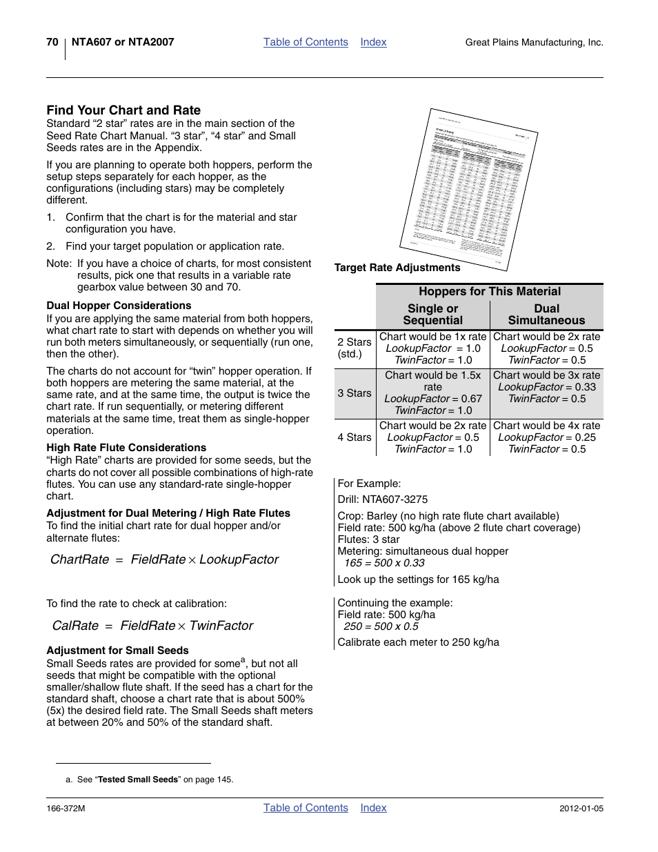 Find your chart and rate, Dual hopper considerations, High rate flute considerations | Adjustment for dual metering / high rate flutes, Adjustment for small seeds | Great Plains NTA2007 Operator Manual User Manual | Page 74 / 180