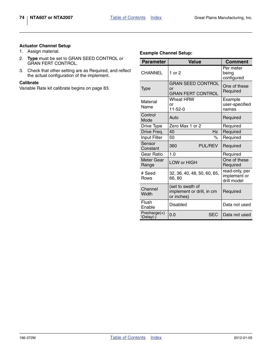 Actuator channel setup, Example channel setup, Calibrate | Great Plains NTA2007 Operator Manual User Manual | Page 78 / 180