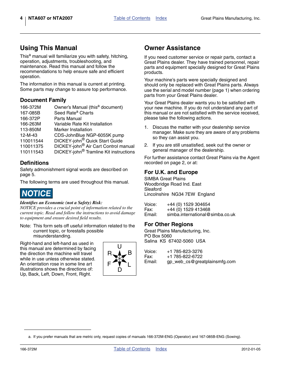 Using this manual, Document family, Definitions | Owner assistance, For u.k. and europe, For other regions, Document family definitions | Great Plains NTA2007 Operator Manual User Manual | Page 8 / 180