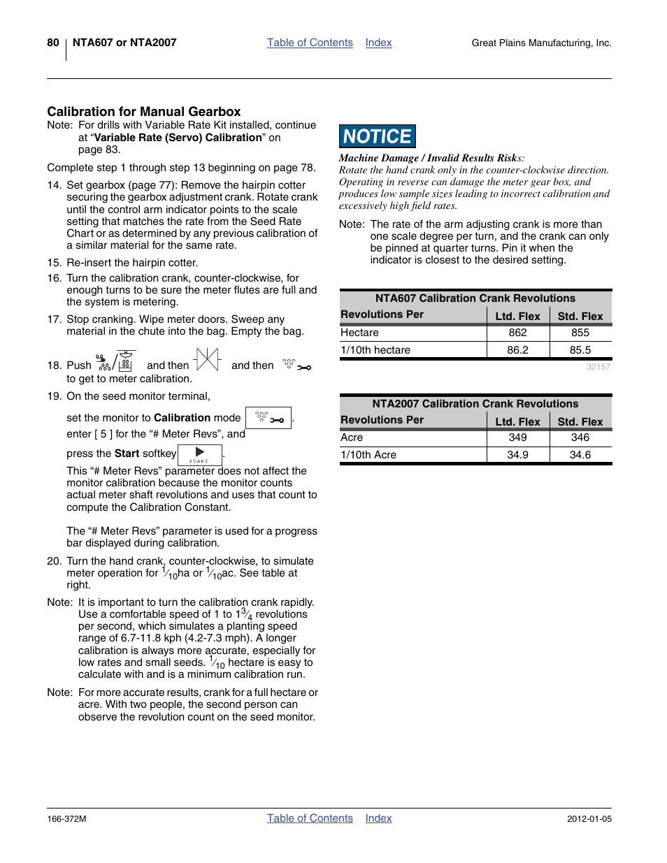 Calibration for manual gearbox, Calibration crank revolutions | Great Plains NTA2007 Operator Manual User Manual | Page 84 / 180