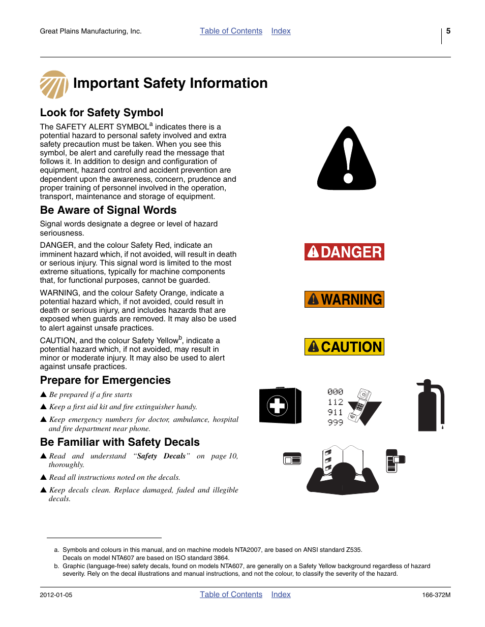 Important safety information, Look for safety symbol, Be aware of signal words | Prepare for emergencies, Be familiar with safety decals | Great Plains NTA2007 Operator Manual User Manual | Page 9 / 180