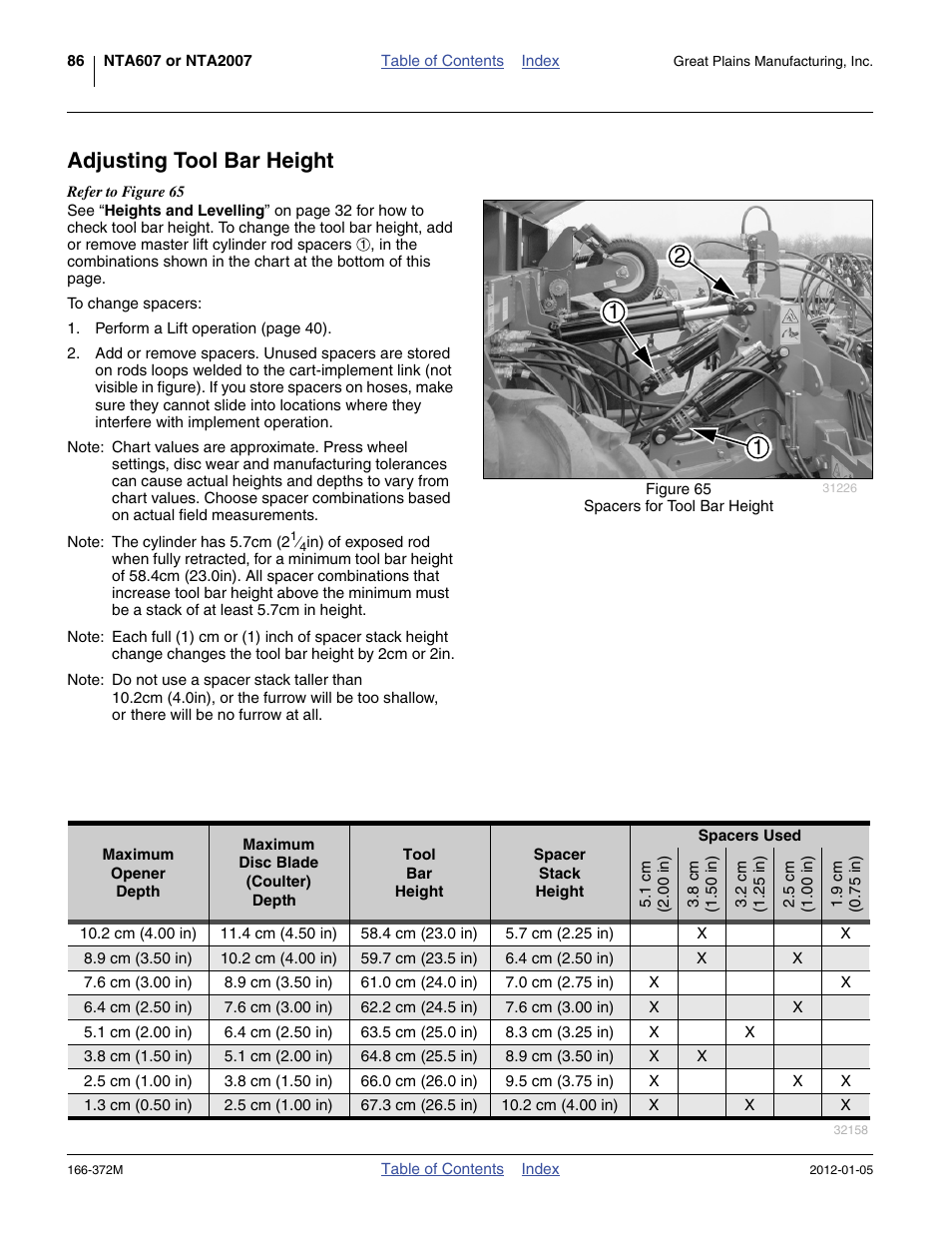 Adjusting tool bar height | Great Plains NTA2007 Operator Manual User Manual | Page 90 / 180