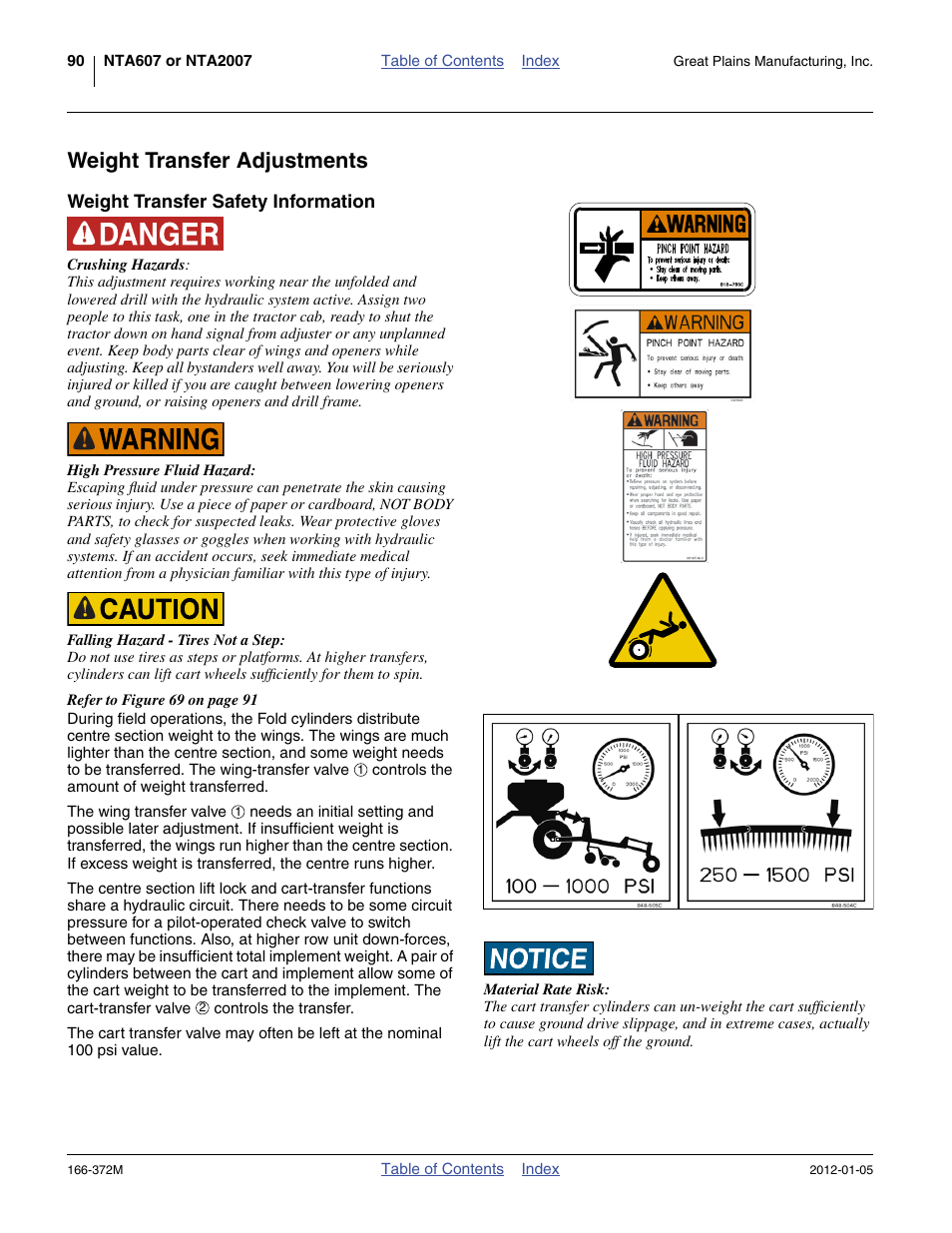 Weight transfer adjustments, Weight transfer safety information | Great Plains NTA2007 Operator Manual User Manual | Page 94 / 180