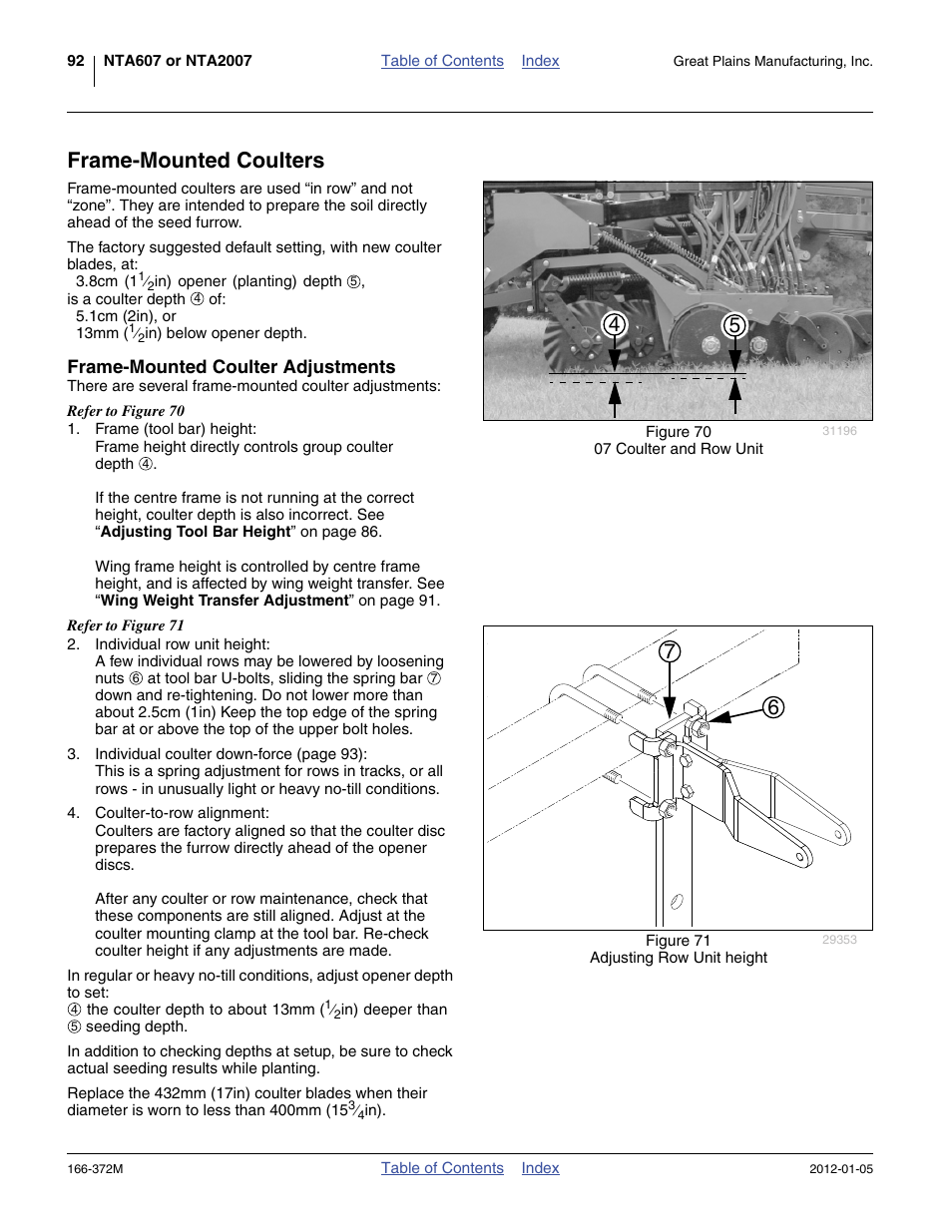 Frame-mounted coulters, Frame-mounted coulter adjustments | Great Plains NTA2007 Operator Manual User Manual | Page 96 / 180