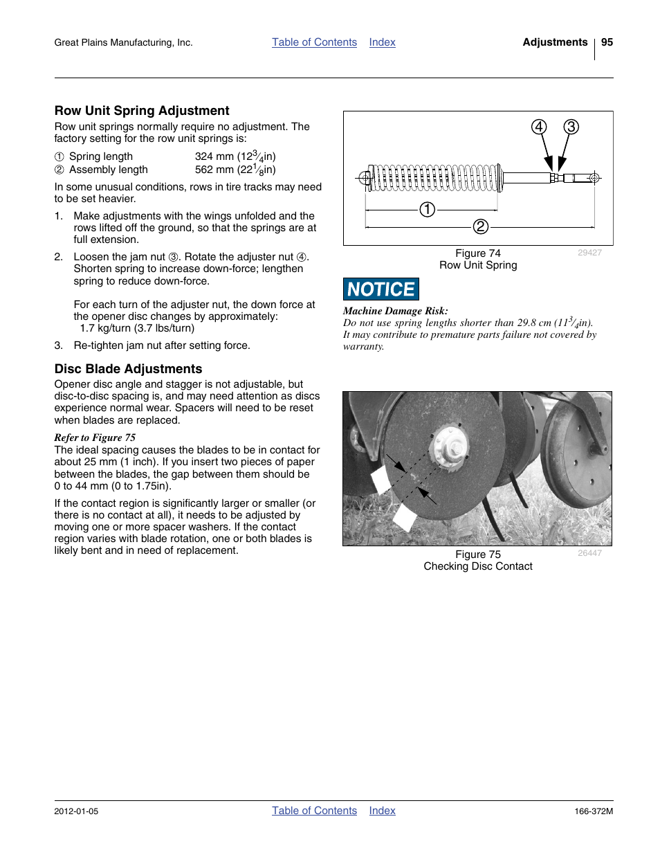 Row unit spring adjustment, Disc blade adjustments, Row unit spring adjustment disc blade adjustments | Great Plains NTA2007 Operator Manual User Manual | Page 99 / 180