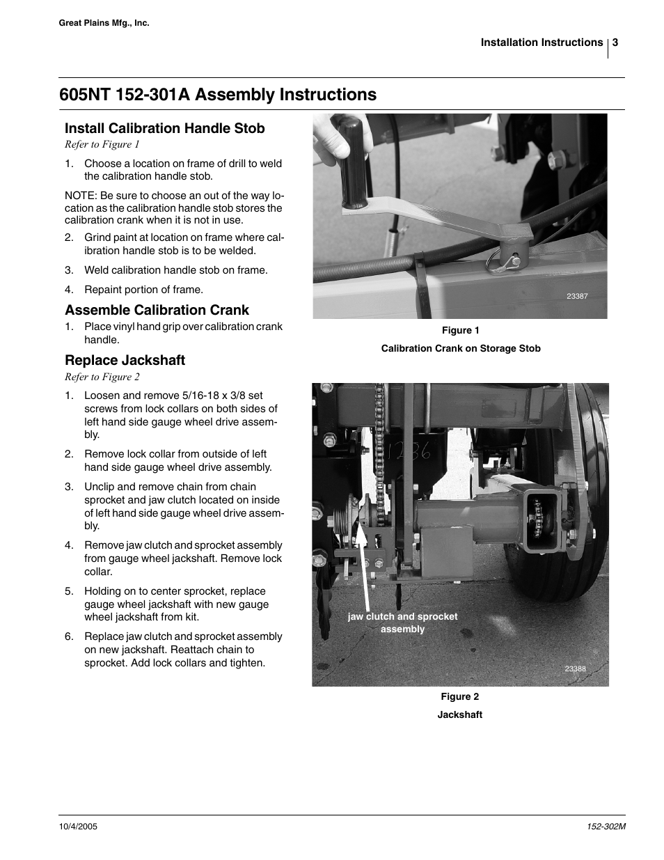 Install calibration handle stob, Assemble calibration crank, Replace jackshaft | Great Plains CALIBRATION CRANK Assembly Instructions User Manual | Page 3 / 11