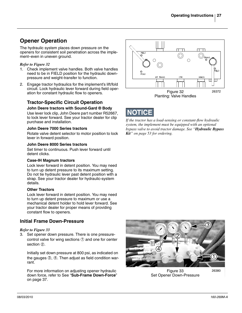Opener operation, Tractor-specific circuit operation, John deere tractors with sound-gard ® body | John deere 7000 series tractors, John deere 8000 series tractors, Case-ih magnum tractors, Other tractors, Initial frame down-pressure | Great Plains CTA4000 Operator Manual User Manual | Page 31 / 66