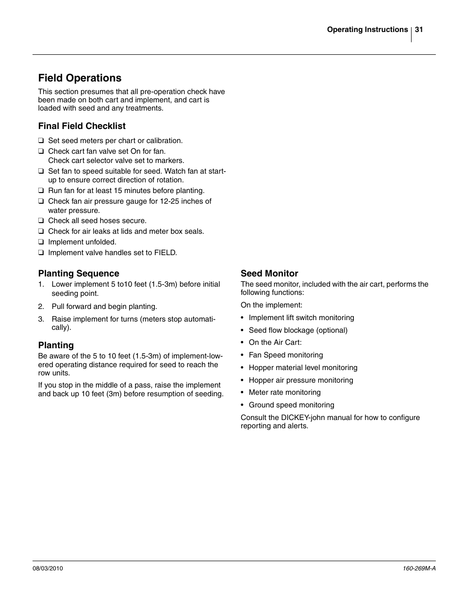 Field operations, Final field checklist, Planting sequence | Planting, Seed monitor | Great Plains CTA4000 Operator Manual User Manual | Page 35 / 66