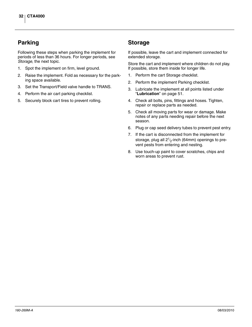 Parking, Storage, Parking storage | Great Plains CTA4000 Operator Manual User Manual | Page 36 / 66