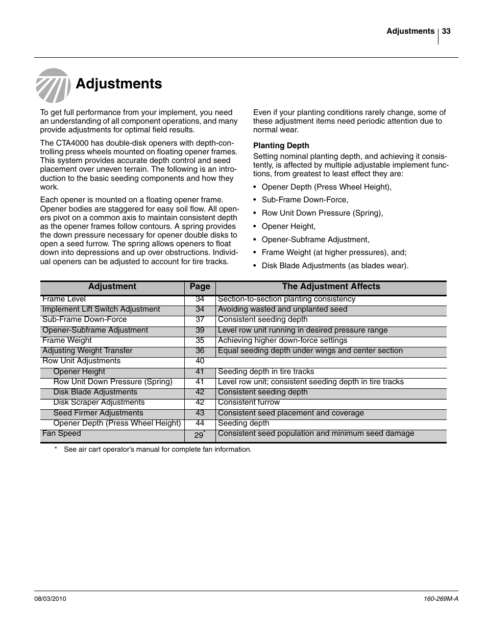 Adjustments, Planting depth | Great Plains CTA4000 Operator Manual User Manual | Page 37 / 66
