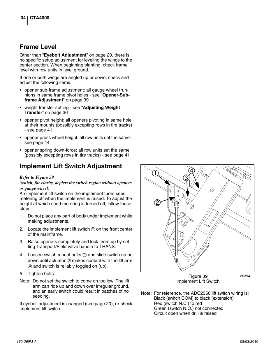 Frame level, Implement lift switch adjustment, Frame level implement lift switch adjustment | Great Plains CTA4000 Operator Manual User Manual | Page 38 / 66
