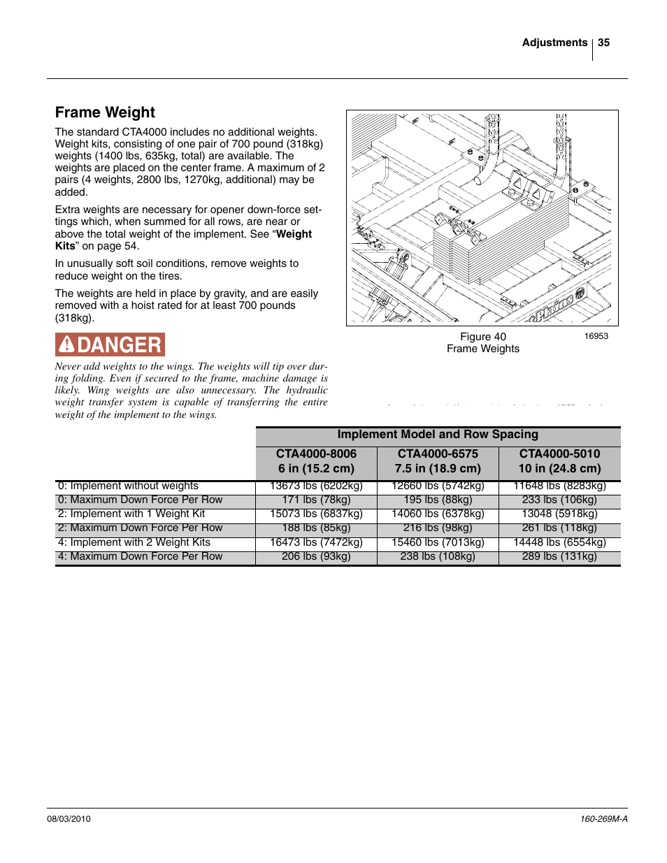 Frame weight, Frame weight (at higher pressures), and | Great Plains CTA4000 Operator Manual User Manual | Page 39 / 66