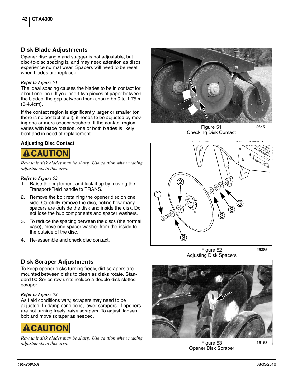 Disk blade adjustments, Adjusting disc contact, Disk scraper adjustments | Disk blade adjustments (as b | Great Plains CTA4000 Operator Manual User Manual | Page 46 / 66