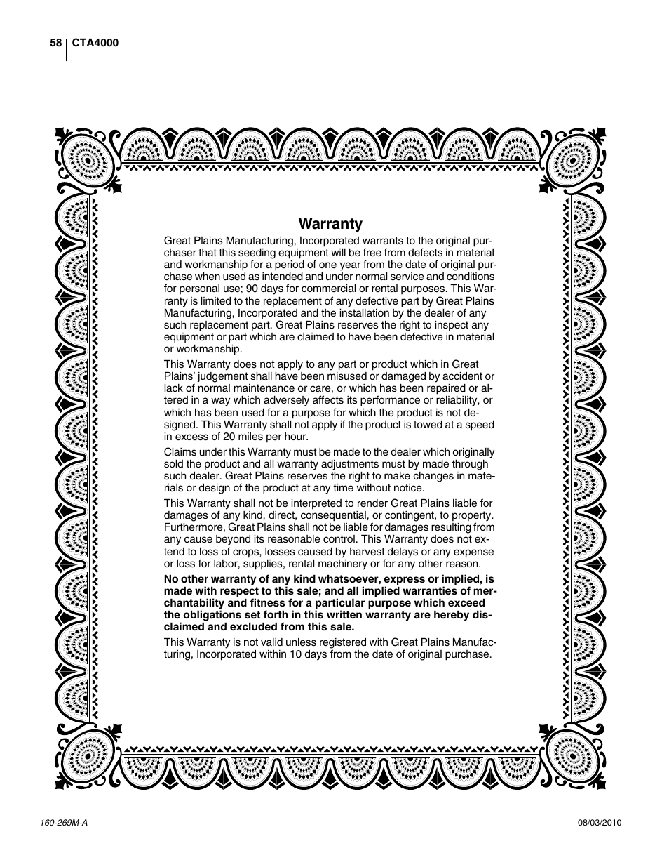 Warranty | Great Plains CTA4000 Operator Manual User Manual | Page 62 / 66