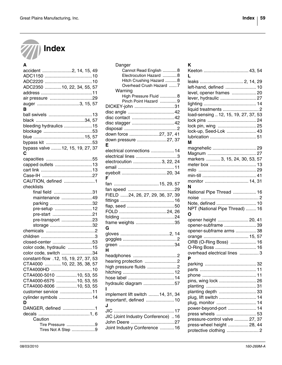 Index | Great Plains CTA4000 Operator Manual User Manual | Page 63 / 66