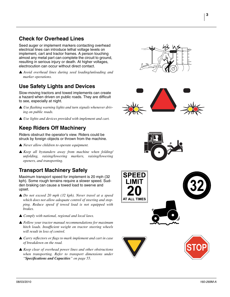 Check for overhead lines, Use safety lights and devices, Keep riders off machinery | Transport machinery safely | Great Plains CTA4000 Operator Manual User Manual | Page 7 / 66
