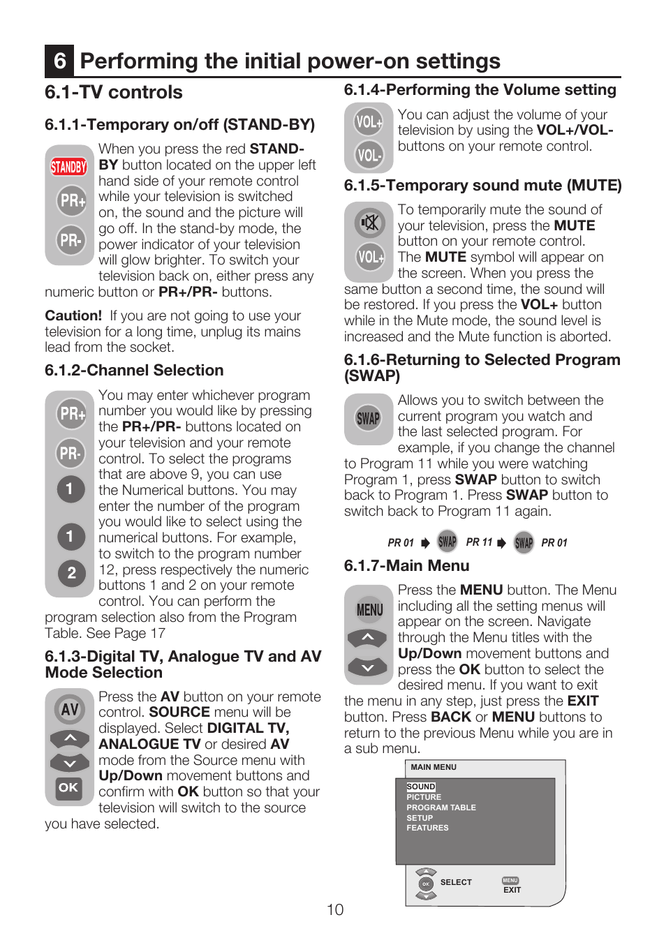 Performing the initial power-on settings, Tv controls | Beko 42WLU530HID User Manual | Page 12 / 36