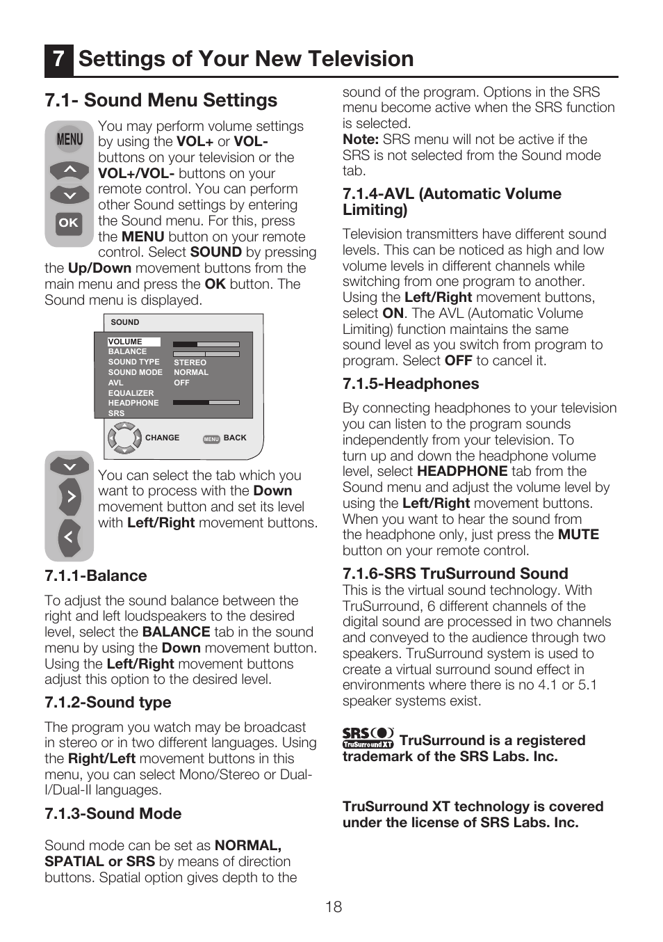 Settings of your new television, Sound menu settings | Beko 42WLU530HID User Manual | Page 20 / 36