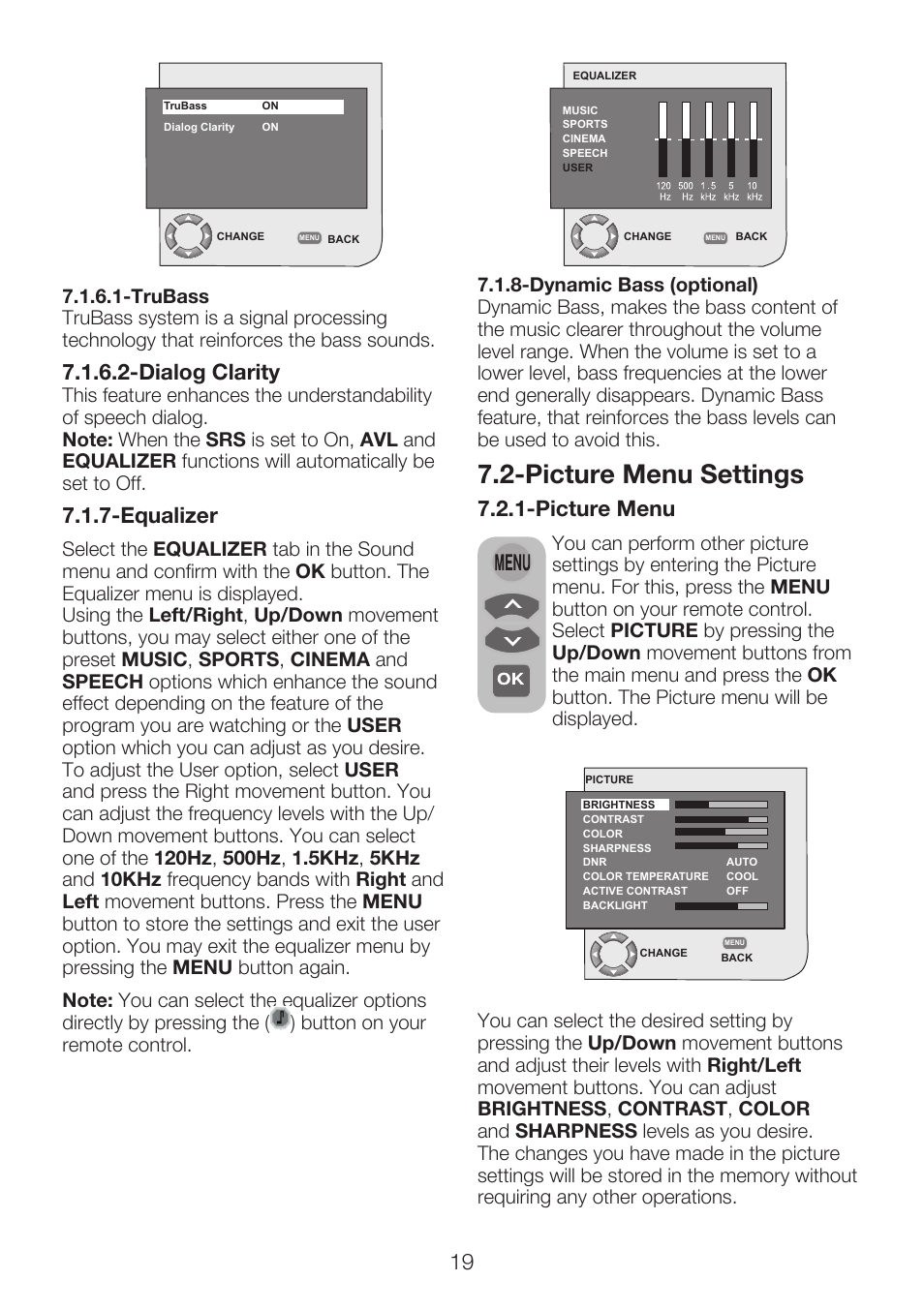 Picture menu settings, Dialog clarity, Equalizer | Picture menu | Beko 42WLU530HID User Manual | Page 21 / 36